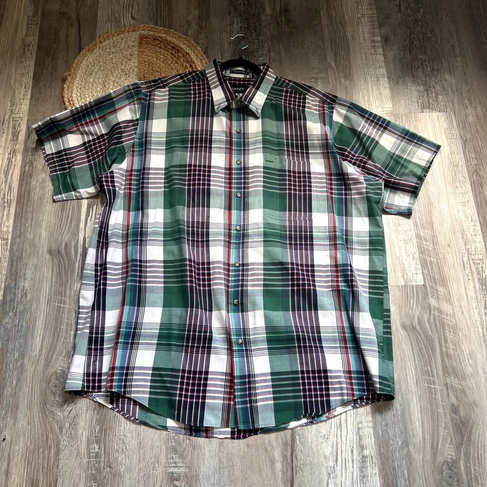 GANT Green Plaid Short-Sleeve Button-down Shirt Made in USA
